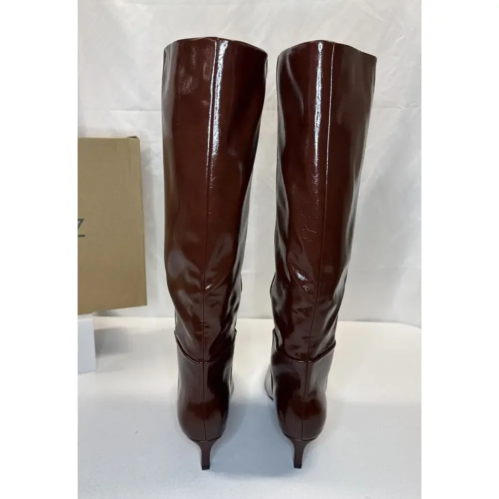 CELLENZ Faux Leather Knee High Boots Pointed Toe Low Kitten Heel Brown Size 8.5